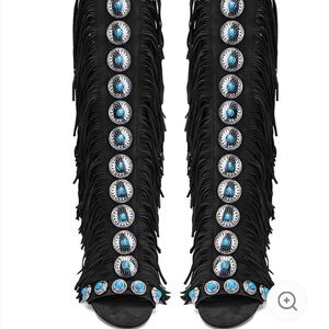 Boho Gemstone lace-up fringe high heel sandals- black size 10 (brand new)